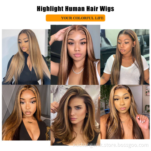 100% Human Hair 30 Inch Straight 4x4 13x4 Transparent Lace Highlight Human Hair Wigs 12a Virgin human Hair HD Full lace Wig